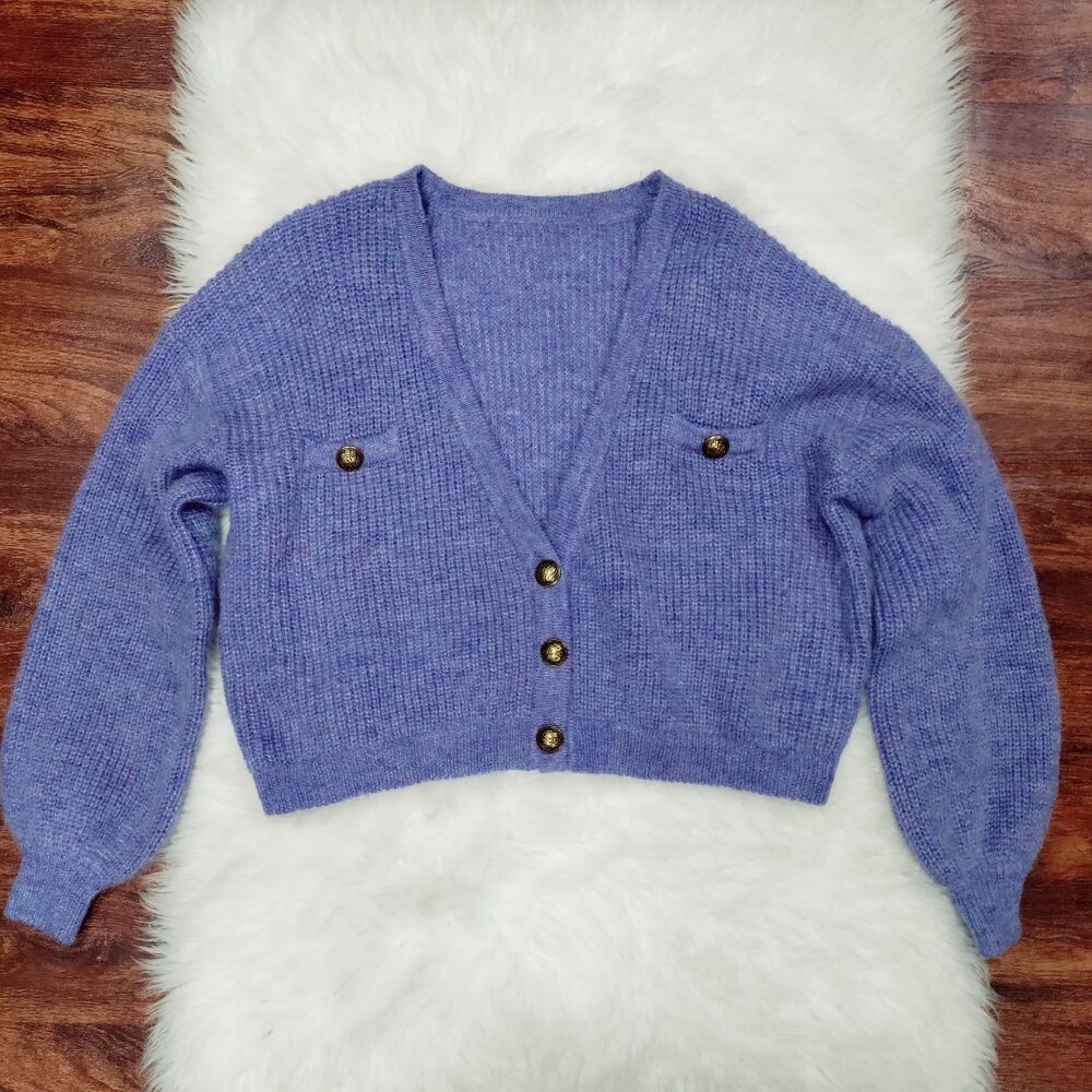 J. Inc Purple Wool Blend Knit V-Neck Button Front Cropped Cardigan Sweater Small - Picture 2 of 10